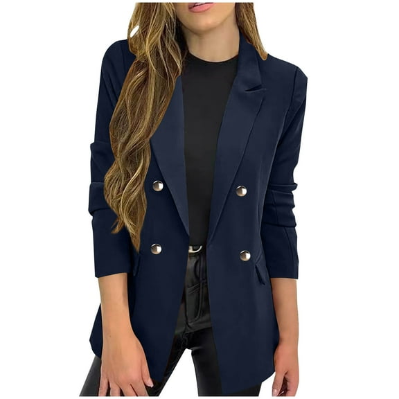 Fnooota Women's Blazer Jackets, Open Front Casual Long Sleeve Lapel Work Blazers Dark Blue Size 2XL