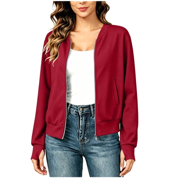 Fnooota Women's Bomber Jackets, Long Sleeve Casual Zip up Lightweight Fall Outerwear Red Size S