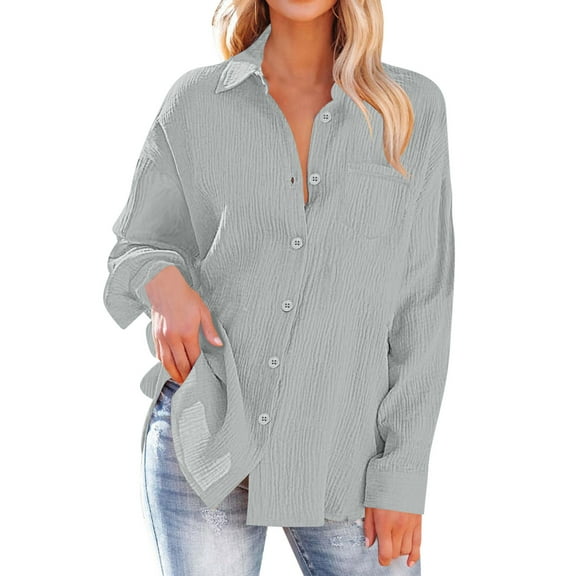 Fnooota Women's Button Down Shirts 2025, Casual Long Sleeve V Neck Trendy Button Up Shirts Gray Size 2XL