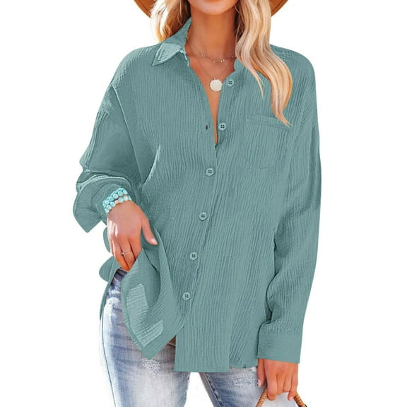 Fnooota Women's Button Down Shirts 2025, Casual V Neck Trendy Long Sleeve Button Up Shirts Sky Blue Size 2XL