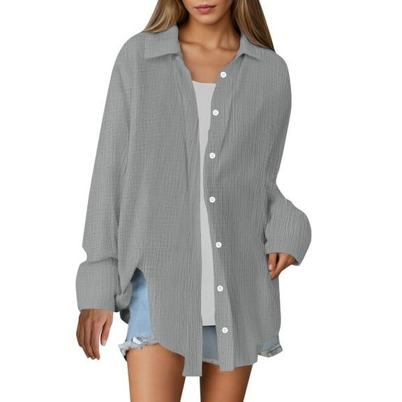 Fnooota Women's Button Down Shirts 2025, Cotton Linen Casual Lightweight Work Long Sleeve Shirts Gray Size 2XL