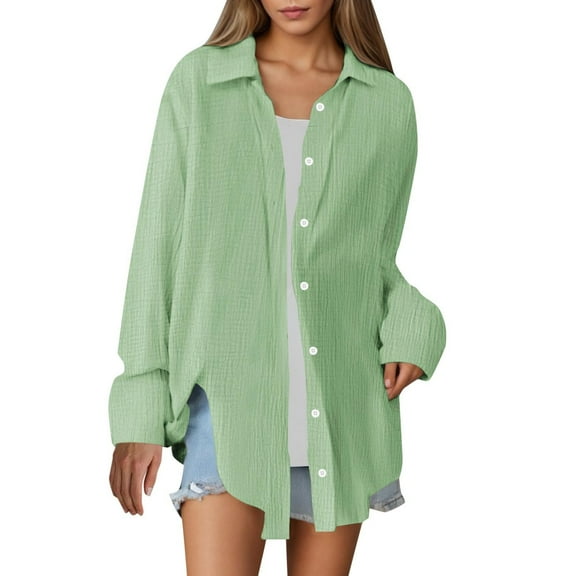 Fnooota Women's Button Down Shirts 2025, Lightweight Casual Work Cotton Linen Long Sleeve Shirts Green Size S