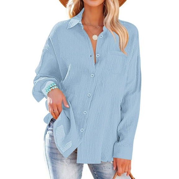 Fnooota Women's Button Down Shirts 2025, Trendy Long Sleeve Casual V Neck Button Up Shirts Light Blue Size 2XL