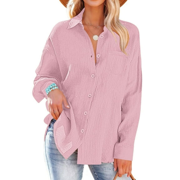 Fnooota Women's Button Down Shirts 2025, V Neck Casual Long Sleeve Trendy Button Up Shirts Pink Size L