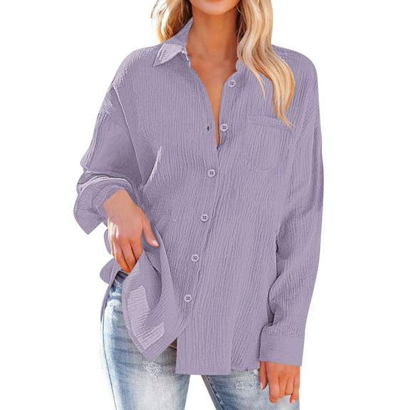 Fnooota Women's Button Down Shirts 2025, V Neck Casual Trendy Long Sleeve Button Up Shirts Purple Size M