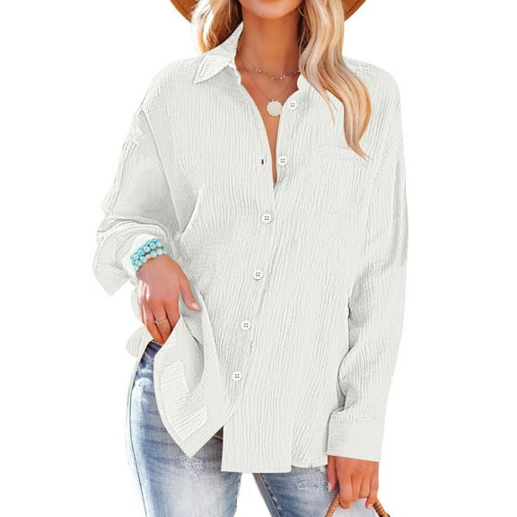 Fnooota Women's Button Down Shirts 2025, V Neck Casual Trendy Long Sleeve Button Up Shirts White Size 2XL