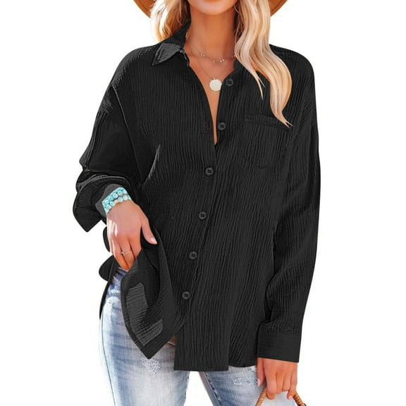 Fnooota Women's Button Down Shirts 2025, V Neck Long Sleeve Casual Trendy Button Up Shirts Black Size 2XL
