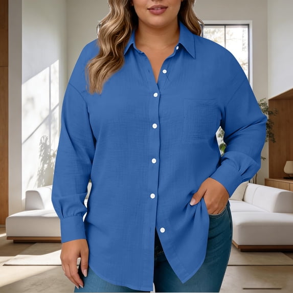 Fnooota Women's Button Down Shirts, Casual Lightweight Collared Plus Size Long Sleeve Shirts Blue Size L