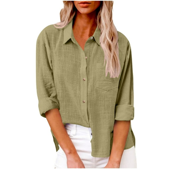 Fnooota Women's Button Down Shirts, Collared Casual Lightweight Cotton Linen Long Sleeve Shirts with Pockets Beige Size 3XL