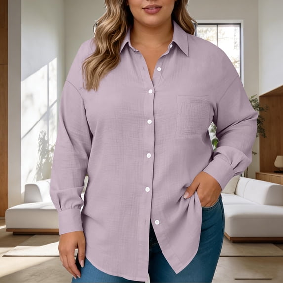 Fnooota Women's Button Down Shirts, Collared Lightweight Plus Size Casual Long Sleeve Shirts Purple Size 3XL