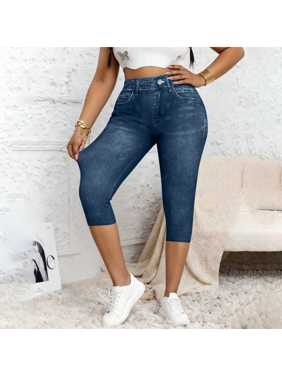 Women's Capri Pants, Stretchy Casual No Pockets Slim Fit Summer Faux Denim Capris Navy Size 2XL