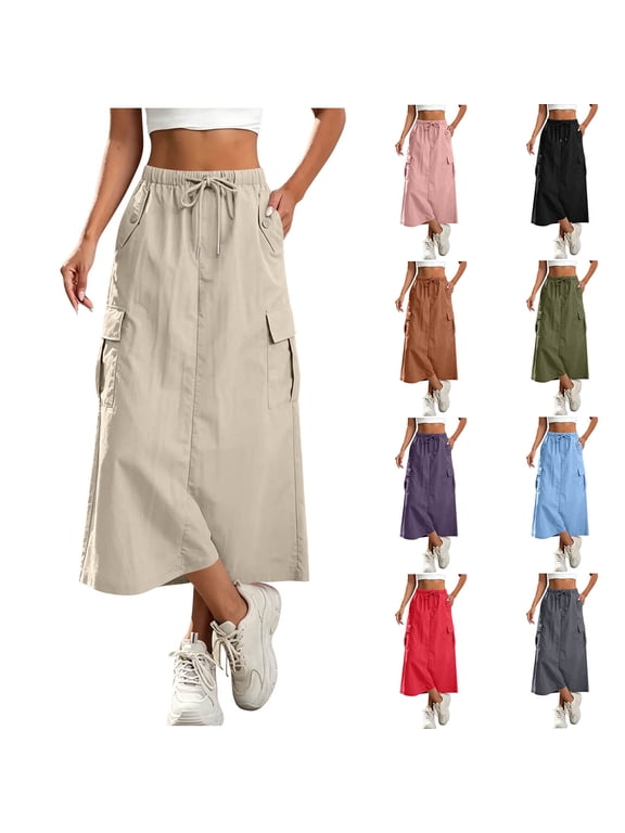 Women's Cargo Skirts, Back Slit Drawstring Elastic Waist Multi-pocket Midi Skirts for Women Khaki Size S-2XL