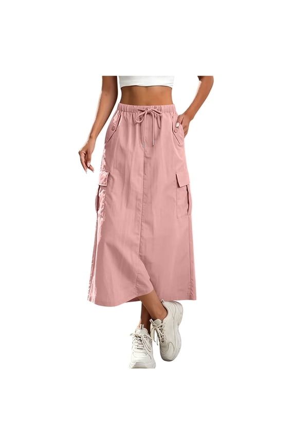 Women's Cargo Skirts, Back Slit Elastic Waist Drawstring Multi-pocket Midi Skirts for Women Pink Size S