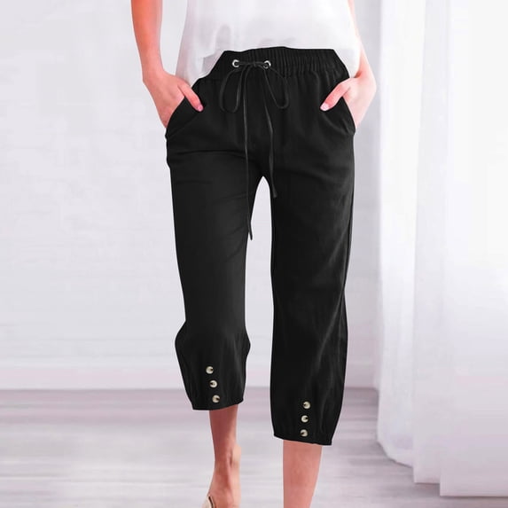 Fnooota Women's Cotton Linen Capris, Casual Drawstring Relaxed Fit Summer Capri Pants Black Size L