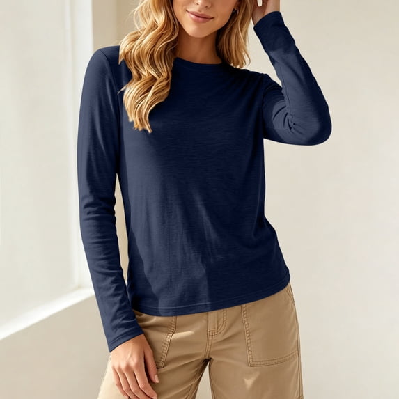 Mooqilaa Women's Cotton Long Sleeve Tops, Casual Basic Spring Fall Crew Neck Layering Tees Navy Size L