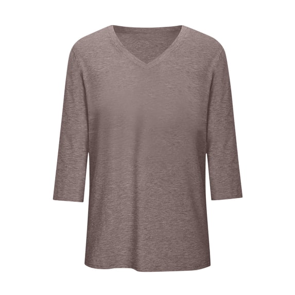 Fnooota Women's Cotton Plus Size T-shirts, Casual Loose Fit Summer V Neck 3/4 Sleeve Tops Brown Size XL-5XL
