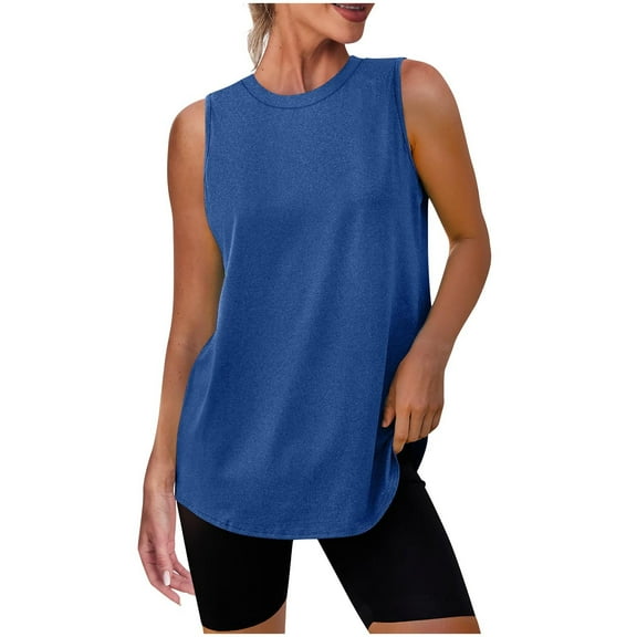 Fnooota Women's Cotton Tank Tops, Athletic Loose Fit Crewneck Casual Workout Tops Summer Tops Dark Blue Size M