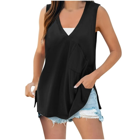 Fnooota Women's Cotton Tank Tops, Loose Fit V Neck Vacation Casual Summer Tops with Pockets Black Size XL