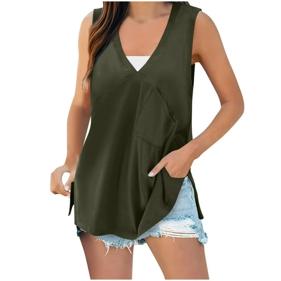 Fnooota Women's Cotton Tank Tops, V Neck Vacation Casual Loose Fit Summer Tops with Pockets Army Green Size M