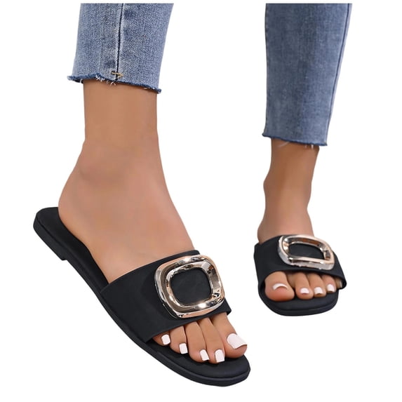 Fnooota Women's Flat Sandals, Slip On Open Toe Fashion Non-slip Summer Shoes Black Size 5.5
