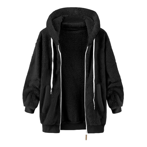 Fnooota Women's Fleece Jackets, Lightweight Zipper Warm Loose Fit Winter Outerwear with Drawstring Black Size S