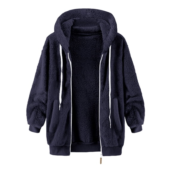 Fnooota Women's Fleece Jackets, Lightweight Zipper Warm Loose Fit Winter Outerwear with Drawstring Navy Size 2XL
