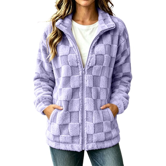 Mooqilaa Women's Fleece Jackets, Long Sleeve Stand up Collar Lightweight Zip up Warm Outerwear with Pockets Purple Size 2XL