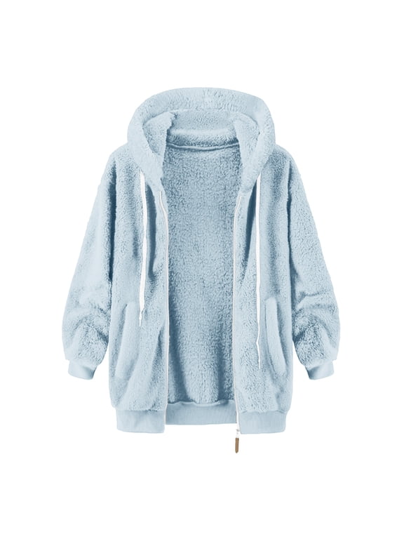 Women's Fleece Jackets, Loose Fit Lightweight Warm Zipper Winter Outerwear with Drawstring Light Blue Size XL