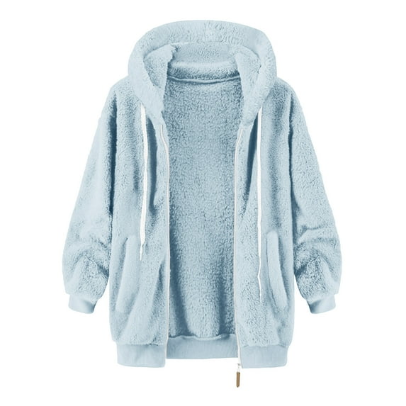 Fnooota Women's Fleece Jackets, Loose Fit Warm Zipper Lightweight Winter Outerwear with Drawstring Light Blue Size L