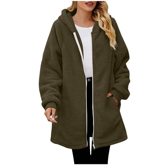 Fnooota Women's Fleece Jackets, Zip up Warm Mid-length Drawstring Winter Outerwear with Pockets Army Green Size M
