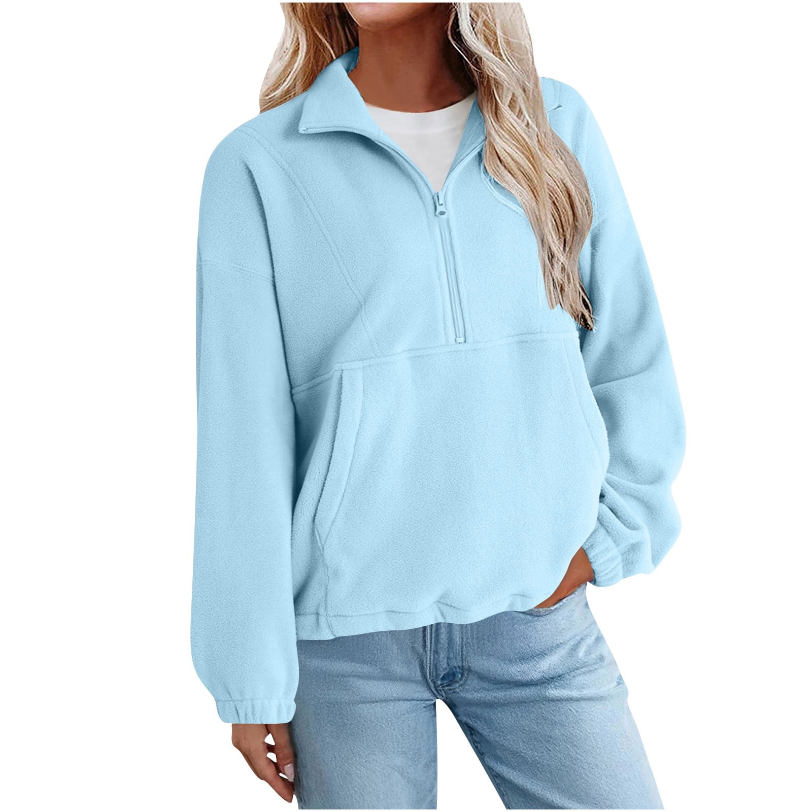 WOWENY Women's Fleece Zip Mock Neck Sweatshirt - Thermal Pullover With Thumb Holes & Pockets For Hiking, Running