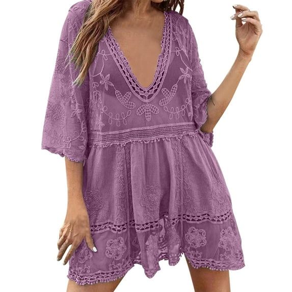 Fnooota Women's Holiday Dresses, Lace Summer Loose Fit Deep V-Neck Mini Dress Purple Size Free Size