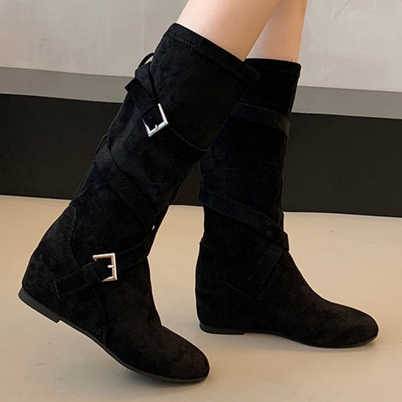 Fnooota Women's Knee High Boots, Non Slip Casual Round Toe PU Fall Winter Shoes Black Size 6.5