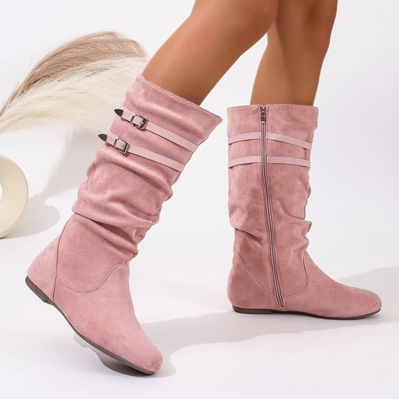 Fnooota Women's Knee High Boots, Round Toe Non Slip Side Zipper Casual Fall Winter Shoes Pink Size 7.5