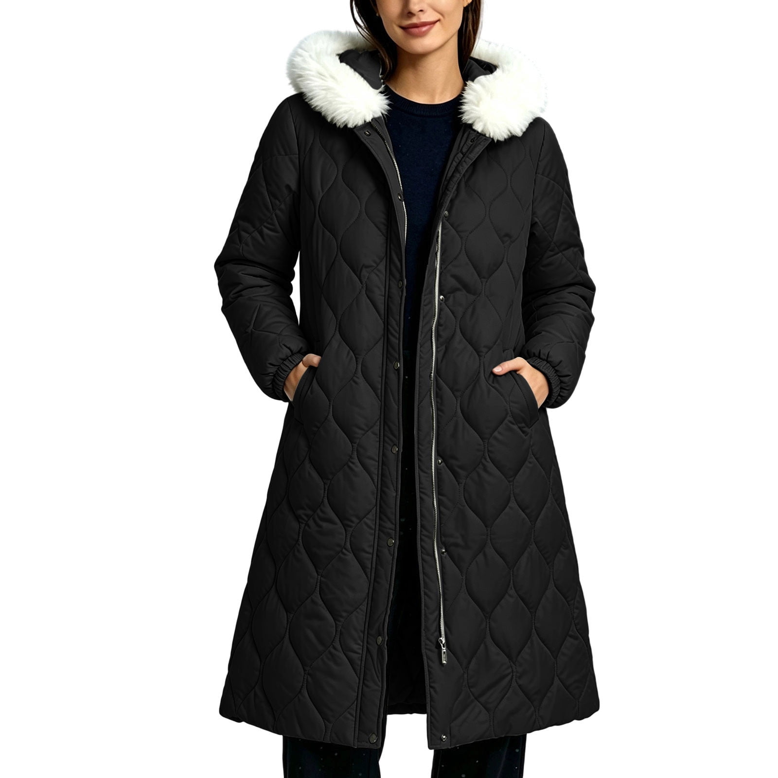 Zip Button Snap Fnooota Women's Long Quilted Coats, Warm Faux Fur Trim Hood Full Zip ...
