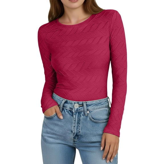 Fnooota Women's Long Sleeve Blouses, Crew Neck Slim Fit Spring Fall Pullover Undershirts for Women Hot Pink Size XL