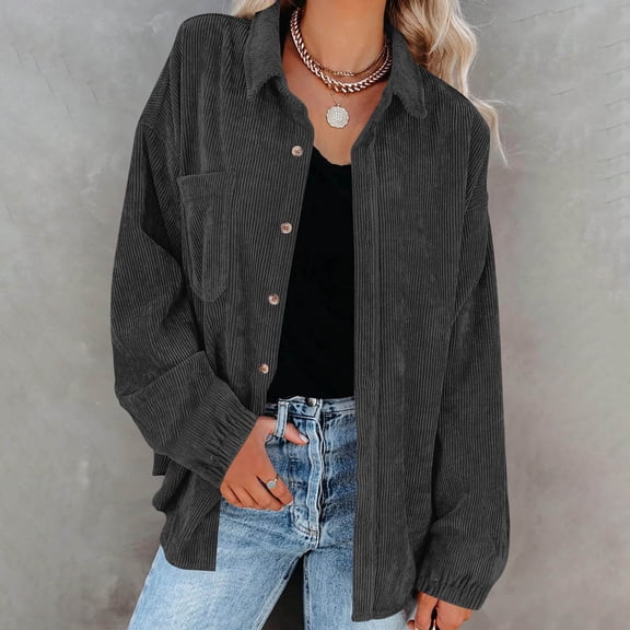 Fnooota Women's Long Sleeve Shirts, Lapel Collar Casual Corduroy Loose Fit Button Down Shirts Gray Size XL