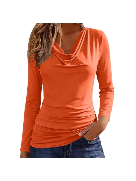 Women's Long Sleeve Tops, Casual Cowl Neck Pullover Stretchy Womens Clothes Womens Tops Orange Size L