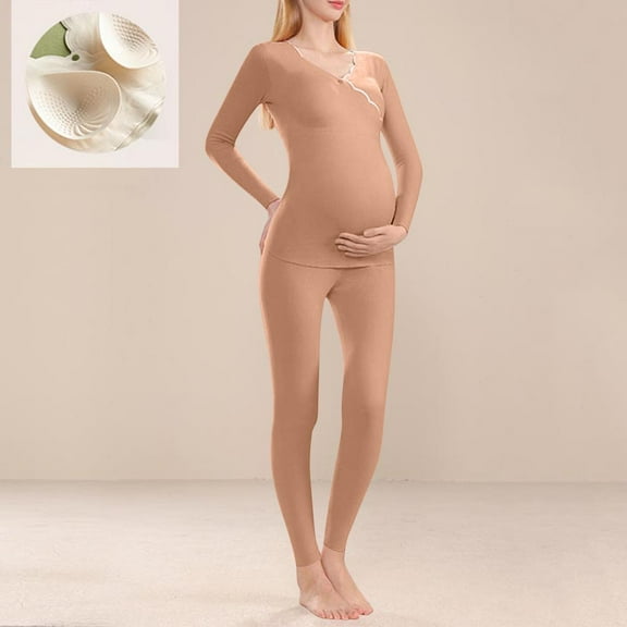 Fnooota Women's Maternity Pajama Sets, Slim Fit Long Sleeve 2 Piece Thermal Sleepwear Sets Brown Size 3XL