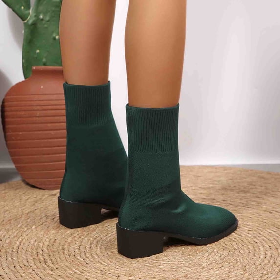 Fnooota Women's Mid Calf Boots, Slip On Block Heel Non Slip Comfort Fall Winter Shoes Green Size 9