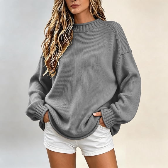 Fnooota Women's Mock Neck Sweaters, Long Sleeve Oversized Ribbed Knit Casual Tops for Fall Winter Gray Size M