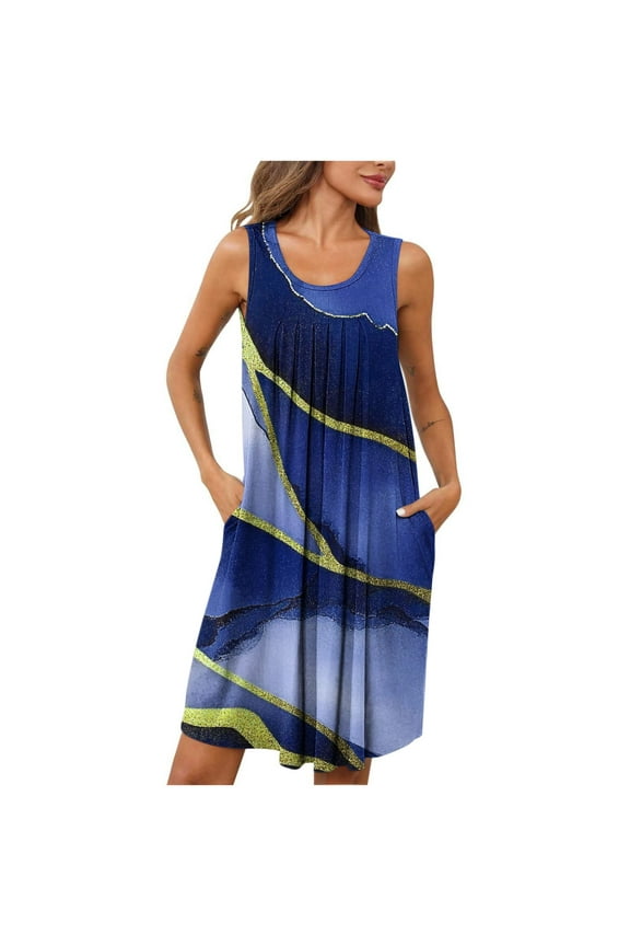 Women's Nightgowns & Sleepshirts, Crewneck Loose Sleeveless Pleated Summer Sleepwear Blue Size 2XL