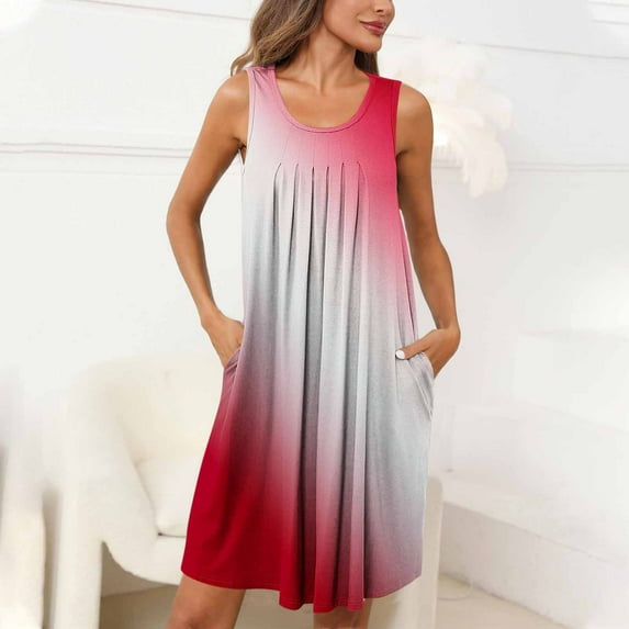 Fnooota Women's Nightgowns & Sleepshirts, Sleeveless Gradient Pleated Casual Summer Dresses Red Size M