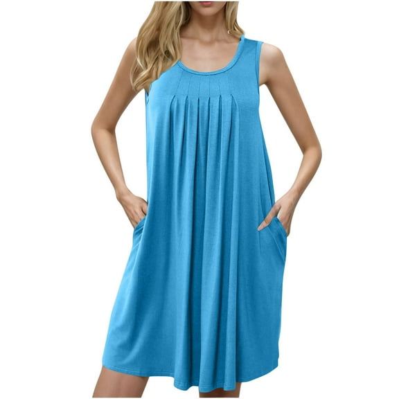 Fnooota Women's Nightgowns with Pockets, Pleated Comfy Sleeveless Summer Sleepwear Sleep Dresses Light Blue Size 3XL