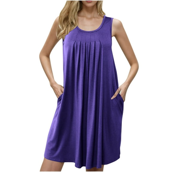 Fnooota Women's Nightgowns with Pockets, Pleated Comfy Sleeveless Summer Sleepwear Sleep Dresses Purple Size 3XL