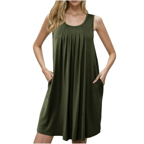 Fnooota Women's Nightgowns with Pockets, Pleated Sleeveless Comfy Summer Sleepwear Sleep Dresses Army Green Size 3XL