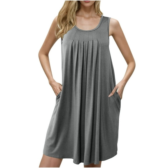 Fnooota Women's Nightgowns with Pockets, Pleated Sleeveless Comfy Summer Sleepwear Sleep Dresses Gray Size 3XL