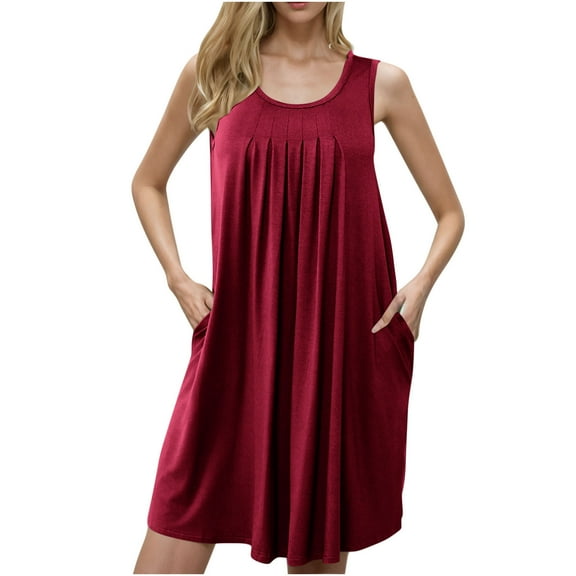 Fnooota Women's Nightgowns with Pockets, Pleated Sleeveless Comfy Summer Sleepwear Sleep Dresses Wine Size 3XL
