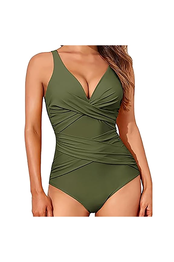 Women's One-Piece Swimsuits, V Neck Sleeveless Sexy Bathing Suits Army Green Size L