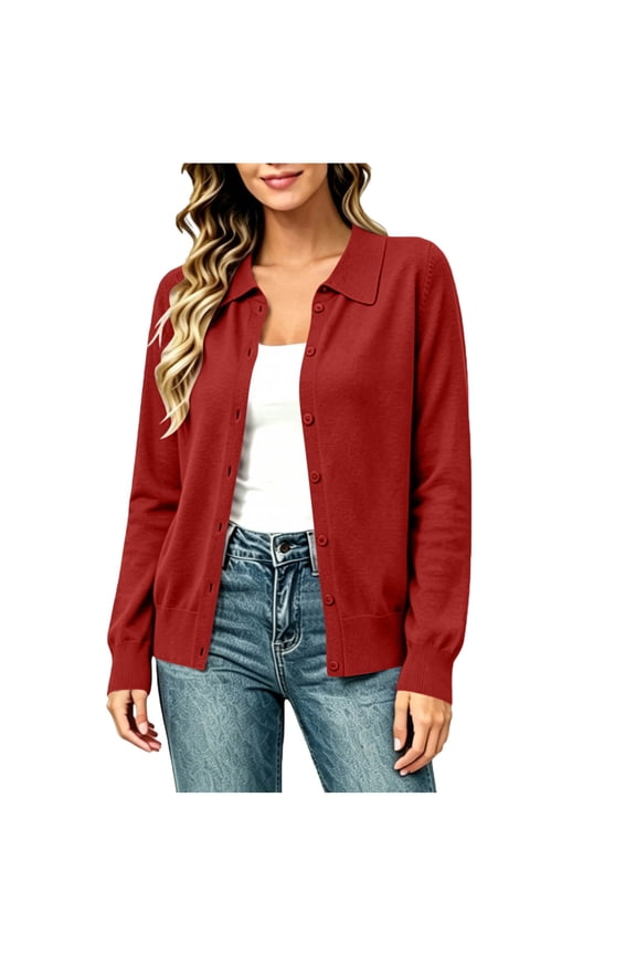 Women's Open Front Cardigans, Casual Long Sleeve Knitted Collared Cardigan Sweaters for Women Red Size M